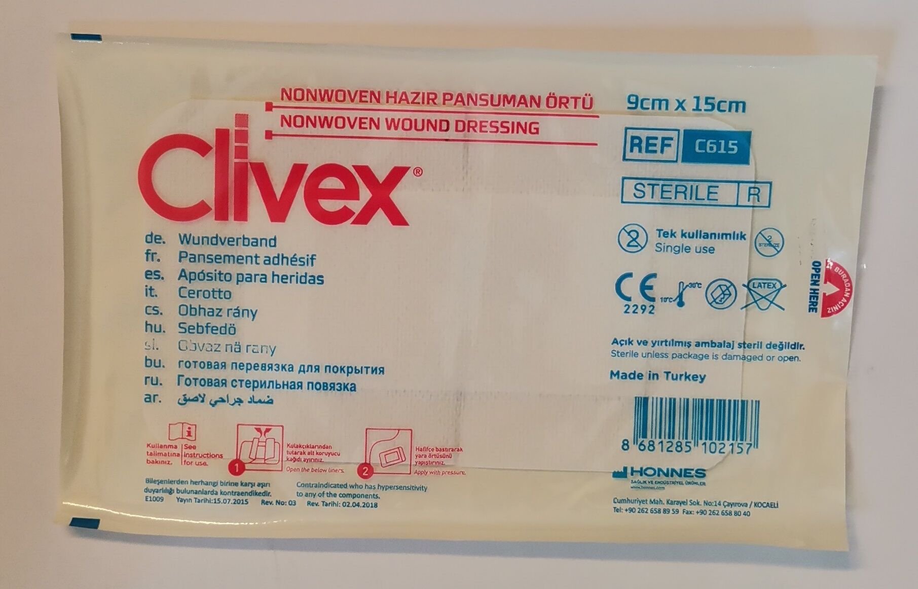 Clivex 9 x 15 cm Steril Hazır Pansuman Yara Örtüsü 1 Adet Non-woven
