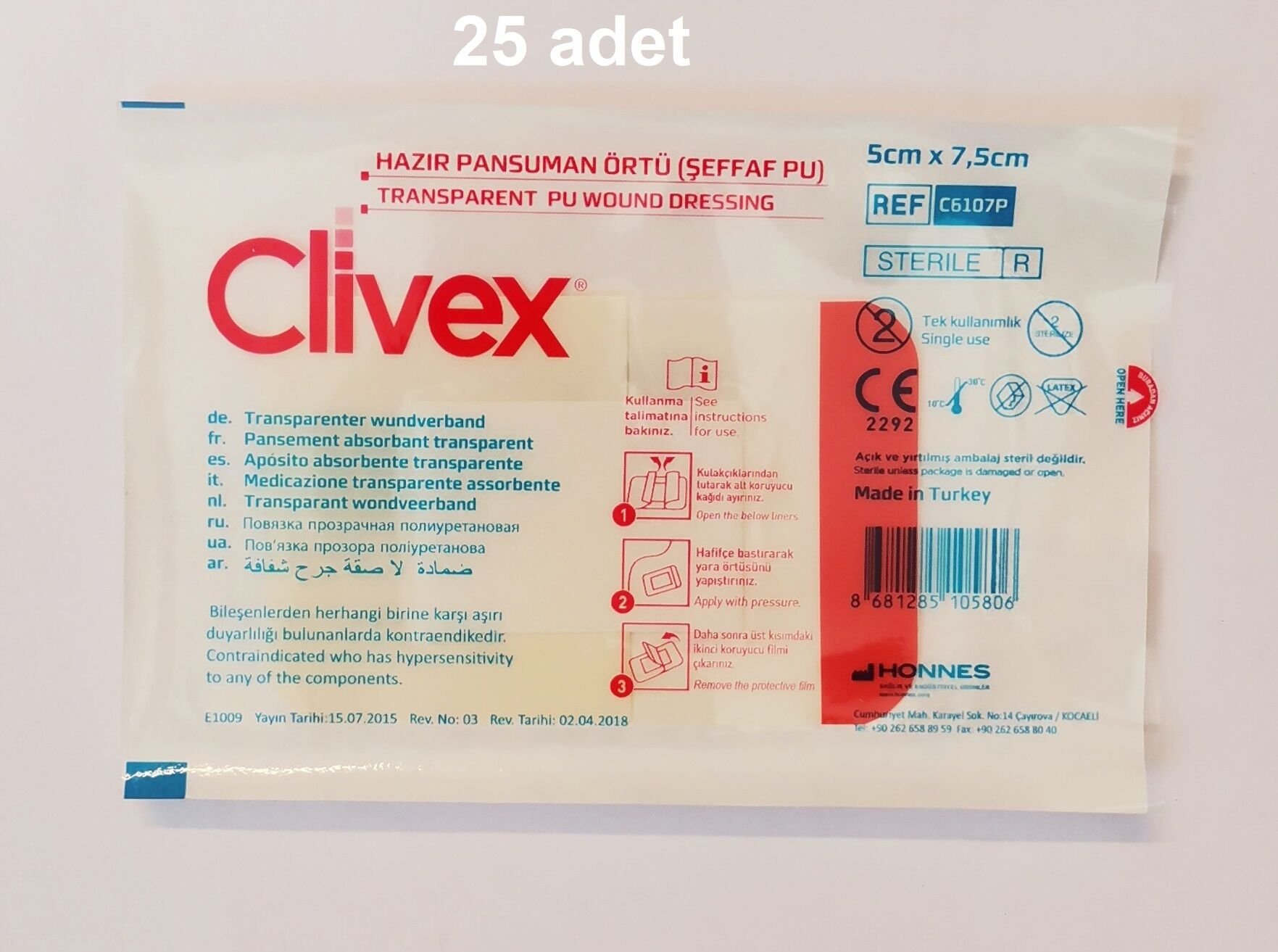 Clivex5 adet 5x7.5 cm Pansuman Yara Örtüsü 25 Adet PU Su Geçirmez