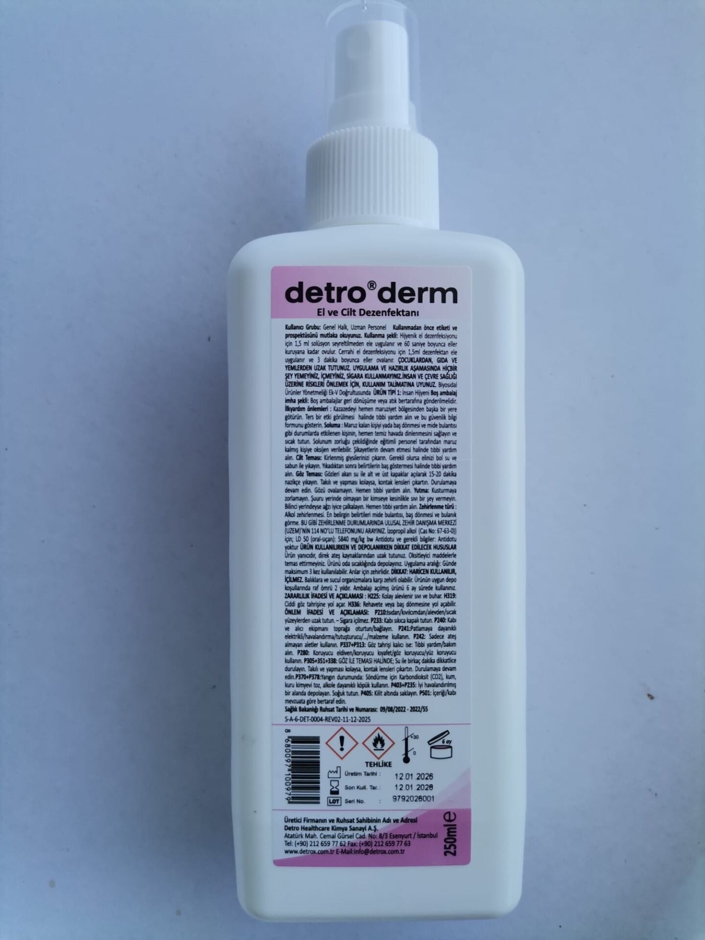 Detroderm 250 mL IPA El Dezenfektanı, Sprey Püskürtme Uçlu