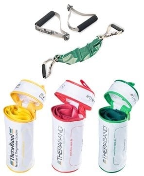 Theraband Egzersiz Bandı Seti Sarı Kırmızı Yeşil Özel Çantasında Egzersiz Bantları ve 1 Çift Tutma Aparatı