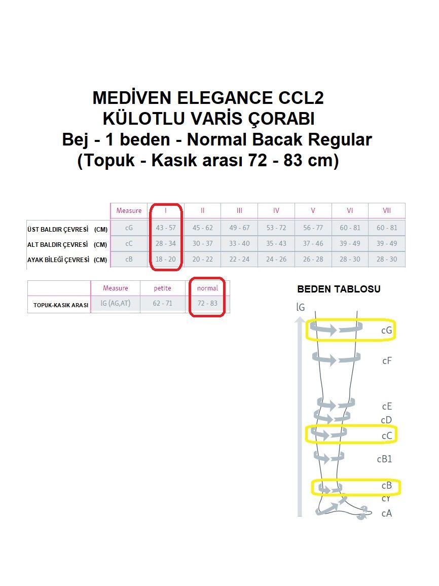 Mediven Elegance Ccl2 Külotlu Varis Çorabı Bej - 1 beden - Normal Bacak regular (Topuk - Kasık arası 72 - 83 cm)