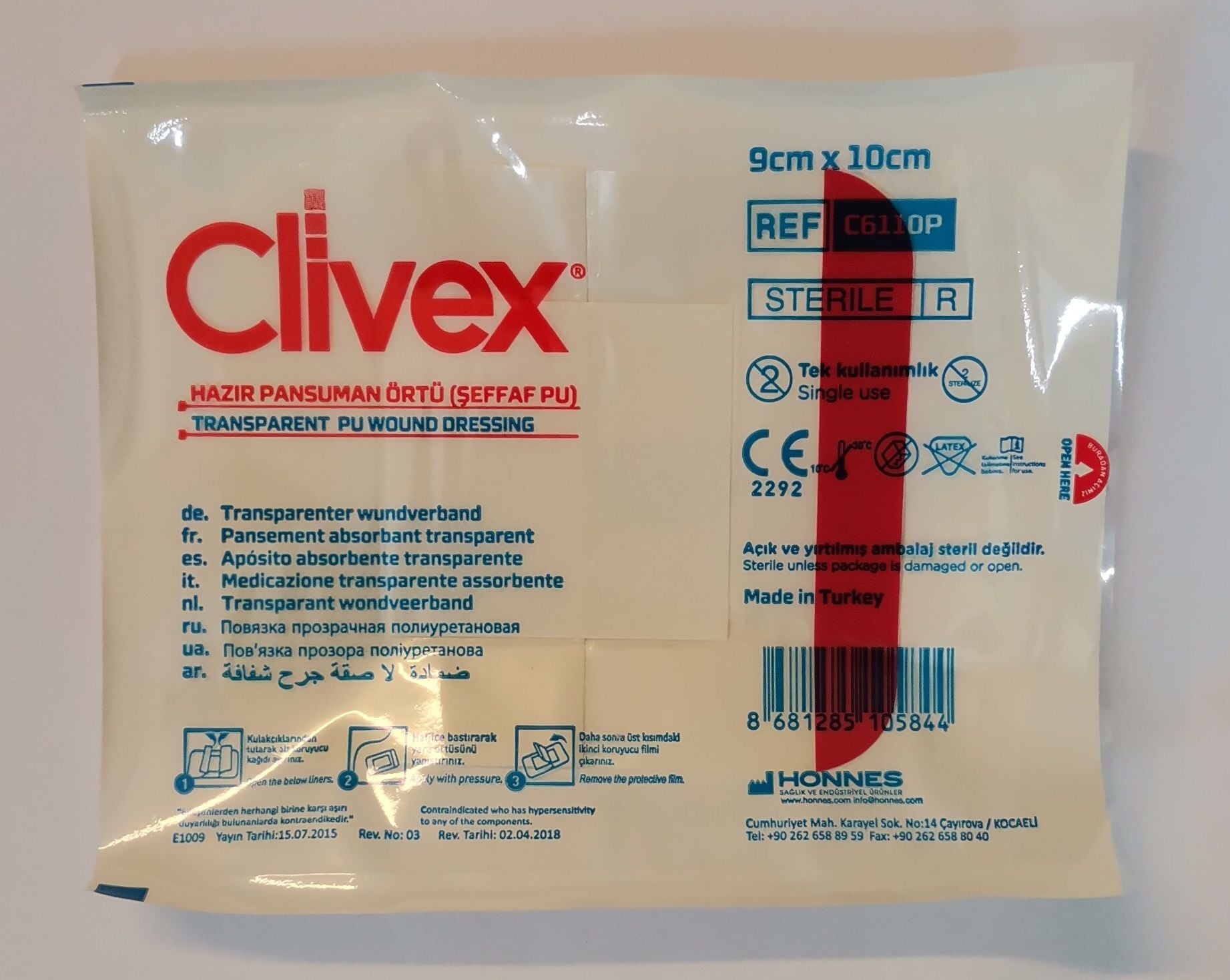 Clivex 9x10 cm Şeffaf PU Pansuman Yara Örtüsü 1 Adet PU Su Geçirmez